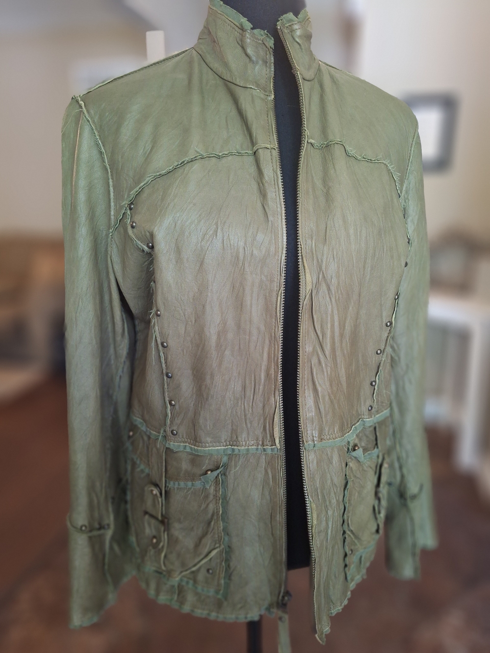 PashaVeneto Women’s Olive Green Leather Moto Jacket Sz Small